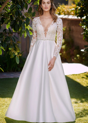 Beaded Ivory Lace Satin Sheer Back Modern Wedding Dress